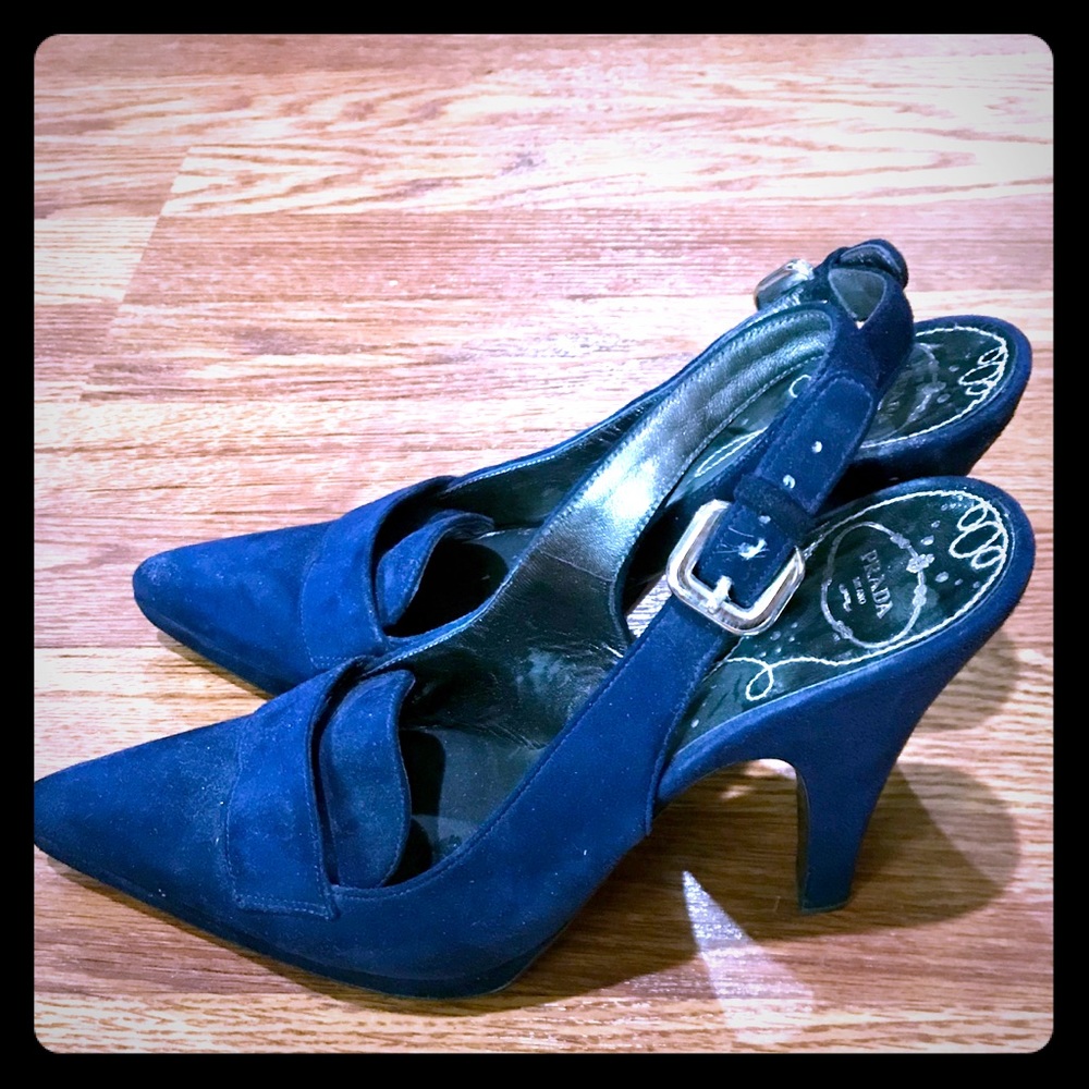 Navy blue Prada loafer sling backs, 41